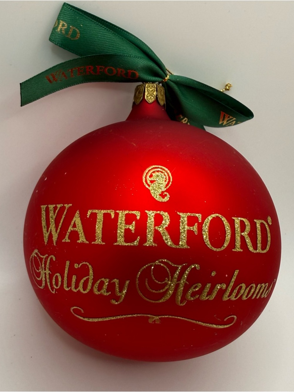 Waterford Holiday Heirloom Large Red Glass Ornament Gold Script Bow Christmas